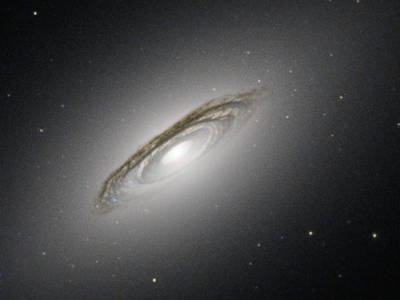 The subject of this image is NGC 6861, a galaxy discovered in 1826 by the Scottish astronomer James Dunlop. Almost two centuries later we now know that NGC 6861 is the second brightest member of a group of at least a dozen galaxies called the Telescopium Group — otherwise known as the NGC 6868 Group — in the small constellation of Telescopium (The Telescope). This NASA/ESA Hubble Space Telescope view shows some important details of NGC 6861. One of the most prominent features is the disc of dark bands circling the centre of the galaxy. These dust lanes are a result of large clouds of dust particles obscuring the light emitted by the stars behind them. Dust lanes are very useful for working out whether we are seeing the galaxy disc edge-on, face-on or, as is the case for NGC 6861, somewhat in the middle. Dust lanes like these are typical of a spiral galaxy. The dust lanes are embedded in a white oval shape, which is made up of huge numbers of stars orbiting the centre of the galaxy. This oval is, rather puzzlingly, typical of an elliptical galaxy. So which is it — spiral or elliptical? The answer is neither! NGC 6861 does not belong to either the spiral or the elliptical family of galaxies. It is a lenticular galaxy, a family which has features of both spirals and ellipticals. The relationships between these three kinds of galaxies are not yet well understood. A lenticular galaxy could be a faded spiral that has run out of gas and lost its arms, or the result of two galaxies merging. Being part of a group increases the chances for galactic mergers, so this could be the case for NGC 6861. A version of this image was entered into the Hubble’s Hidden Treasures image processing competition by contestant Josh Barrington.